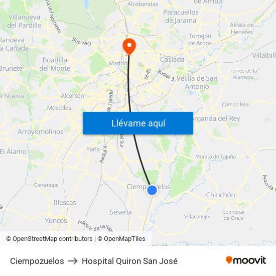 Ciempozuelos to Hospital Quiron San José map