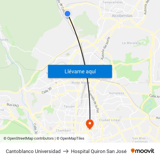 Cantoblanco Universidad to Hospital Quiron San José map