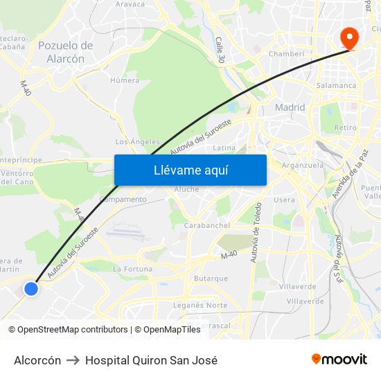 Alcorcón to Hospital Quiron San José map