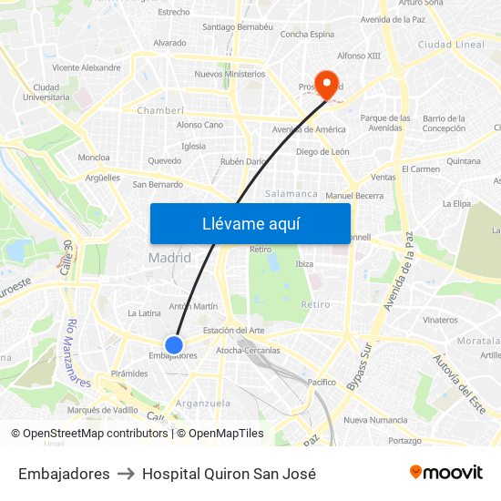 Embajadores to Hospital Quiron San José map