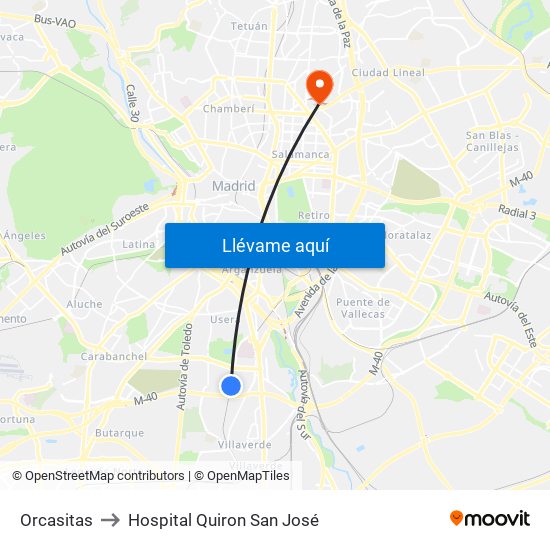 Orcasitas to Hospital Quiron San José map