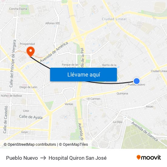 Pueblo Nuevo to Hospital Quiron San José map