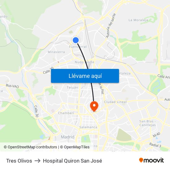 Tres Olivos to Hospital Quiron San José map