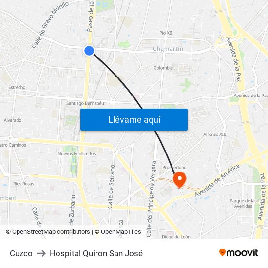 Cuzco to Hospital Quiron San José map