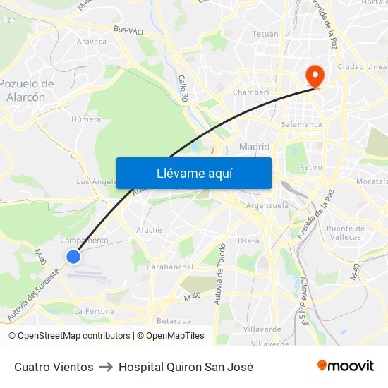 Cuatro Vientos to Hospital Quiron San José map