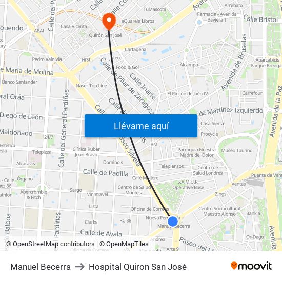 Manuel Becerra to Hospital Quiron San José map