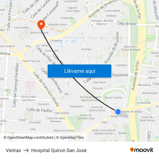 Ventas to Hospital Quiron San José map