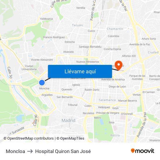 Moncloa to Hospital Quiron San José map