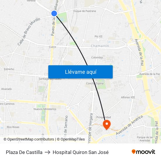 Plaza De Castilla to Hospital Quiron San José map