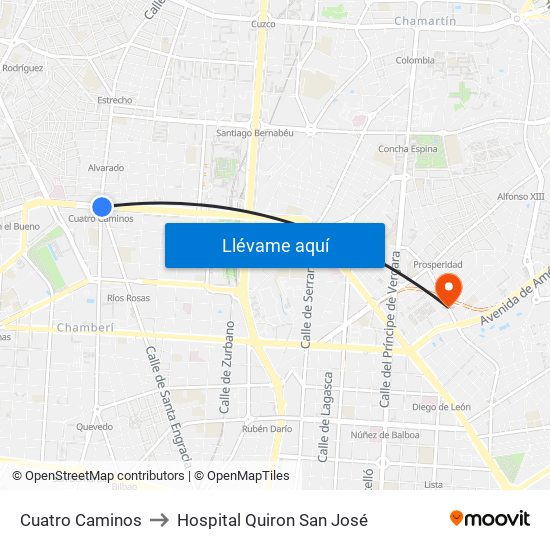 Cuatro Caminos to Hospital Quiron San José map
