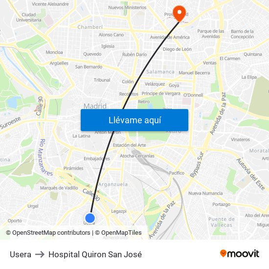 Usera to Hospital Quiron San José map