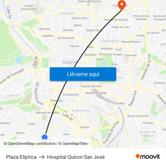 Plaza Elíptica to Hospital Quiron San José map