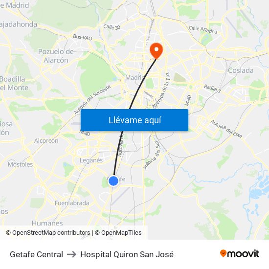 Getafe Central to Hospital Quiron San José map