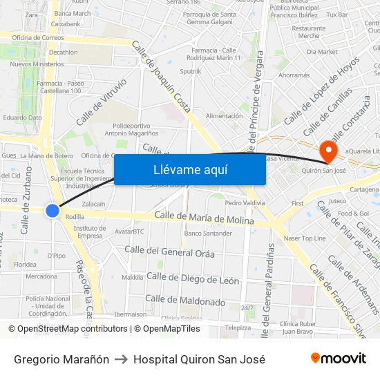 Gregorio Marañón to Hospital Quiron San José map