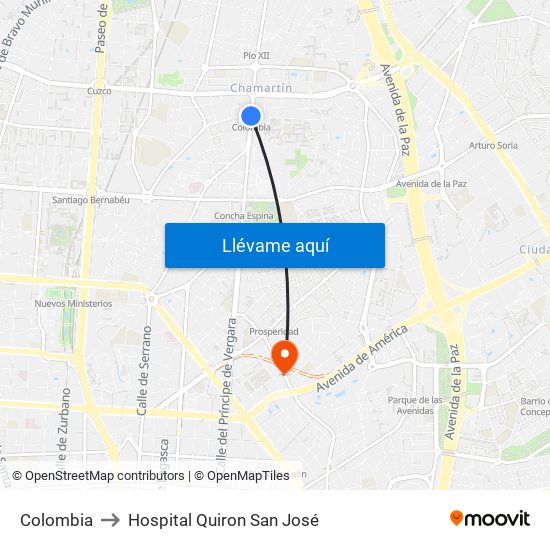 Colombia to Hospital Quiron San José map