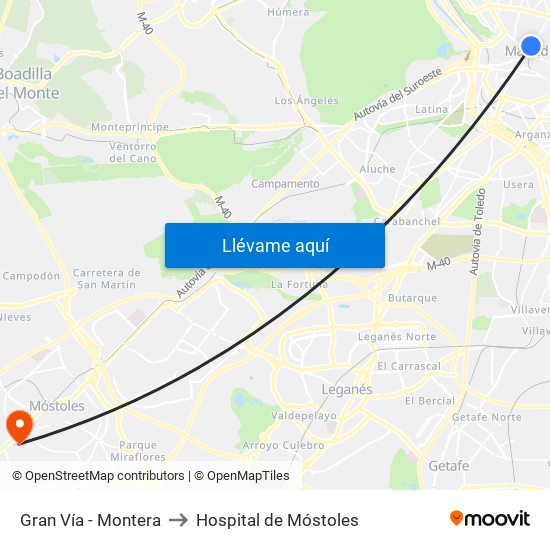 Gran Vía - Montera to Hospital de Móstoles map