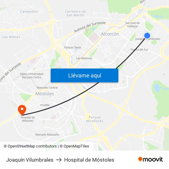 Joaquín Vilumbrales to Hospital de Móstoles map