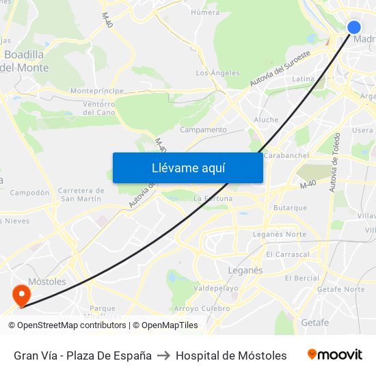 Gran Vía - Plaza De España to Hospital de Móstoles map