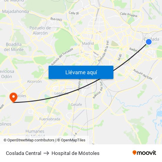 Coslada Central to Hospital de Móstoles map