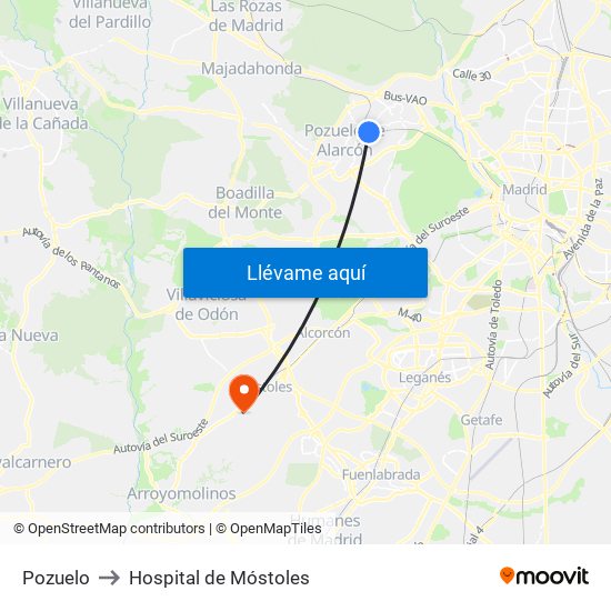 Pozuelo to Hospital de Móstoles map