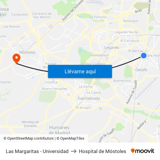 Las Margaritas - Universidad to Hospital de Móstoles map