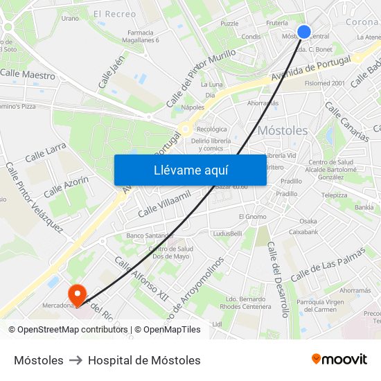 Móstoles to Hospital de Móstoles map