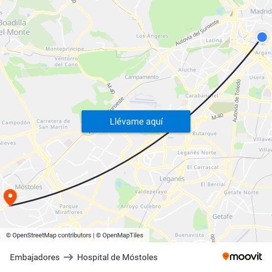 Embajadores to Hospital de Móstoles map