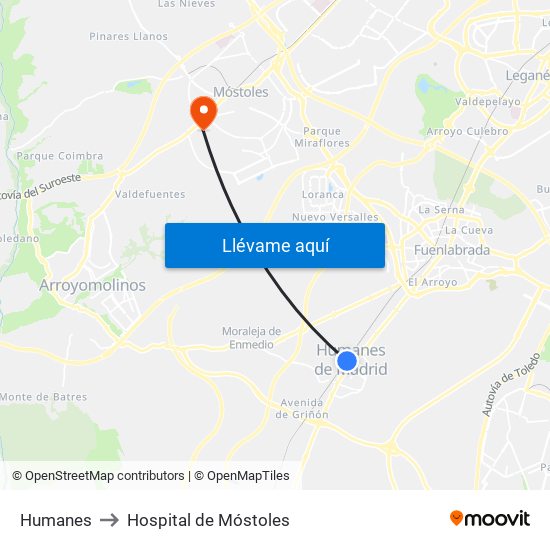 Humanes to Hospital de Móstoles map