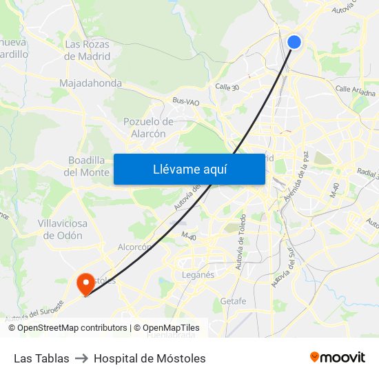 Las Tablas to Hospital de Móstoles map