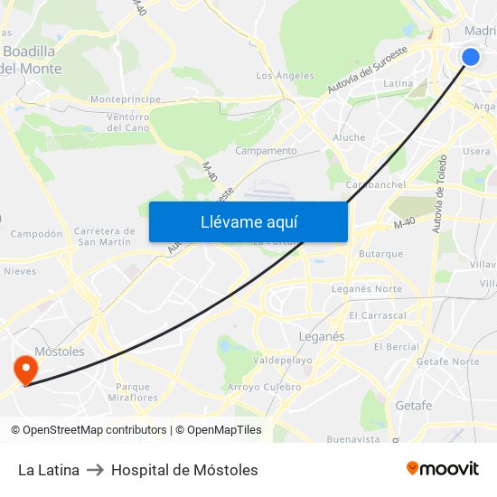 La Latina to Hospital de Móstoles map