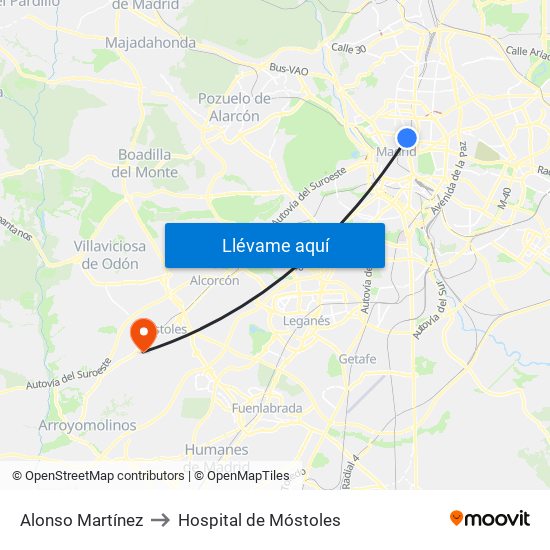 Alonso Martínez to Hospital de Móstoles map