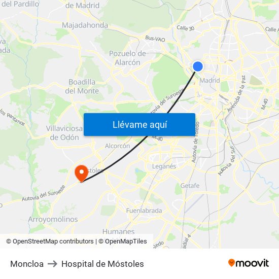 Moncloa to Hospital de Móstoles map