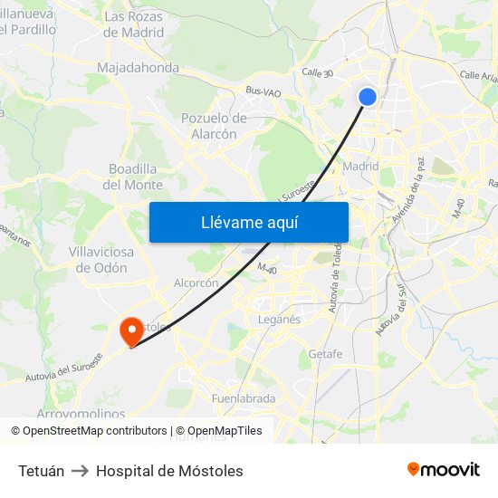 Tetuán to Hospital de Móstoles map
