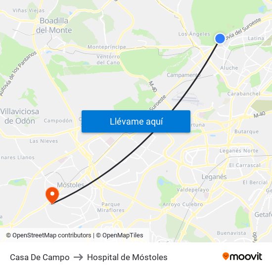 Casa De Campo to Hospital de Móstoles map