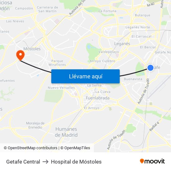 Getafe Central to Hospital de Móstoles map