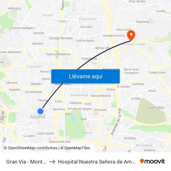 Gran Vía - Montera to Hospital Nuestra Señora de América map