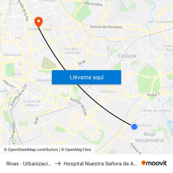 Rivas - Urbanizaciones to Hospital Nuestra Señora de América map