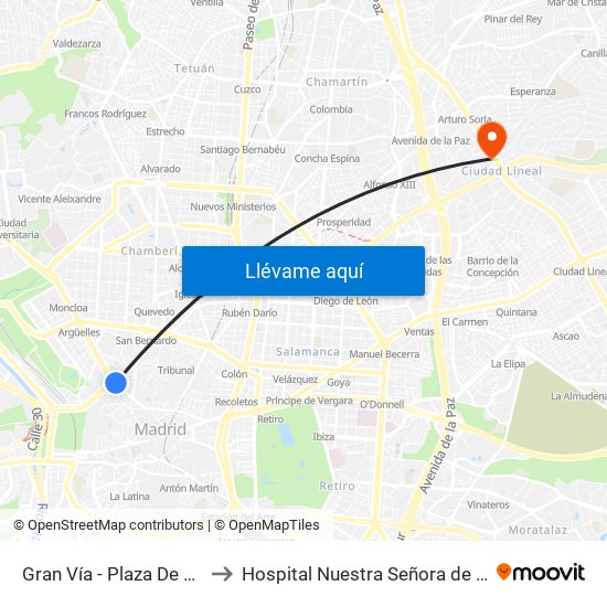 Gran Vía - Plaza De España to Hospital Nuestra Señora de América map