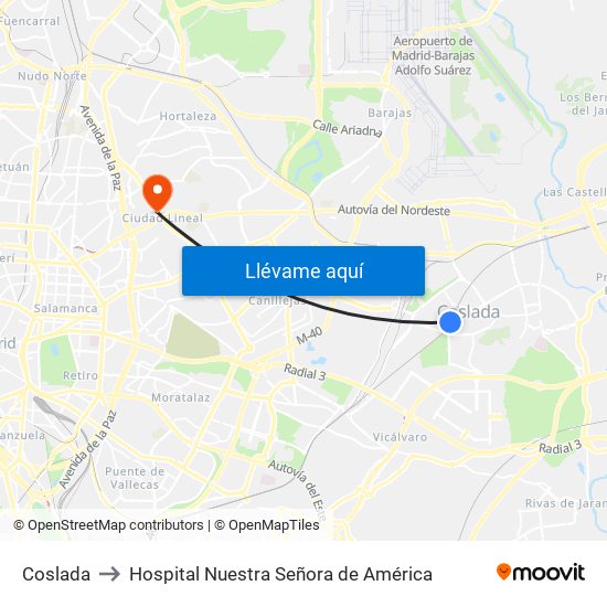 Coslada to Hospital Nuestra Señora de América map