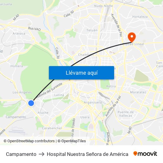 Campamento to Hospital Nuestra Señora de América map