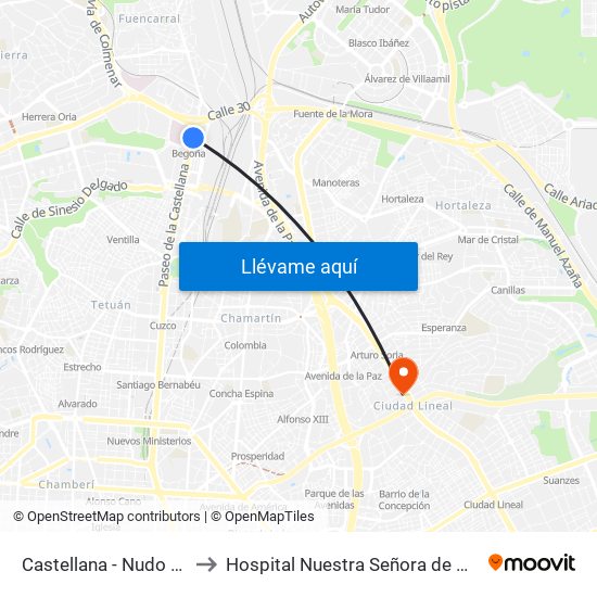 Castellana - Nudo Norte to Hospital Nuestra Señora de América map