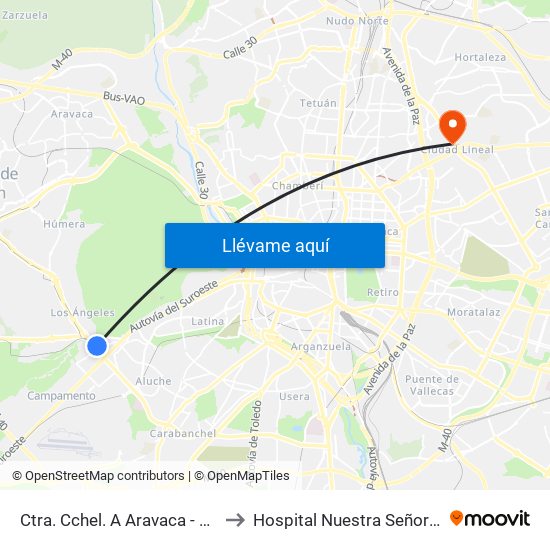 Ctra. Cchel. A Aravaca - Colonia Jardín to Hospital Nuestra Señora de América map