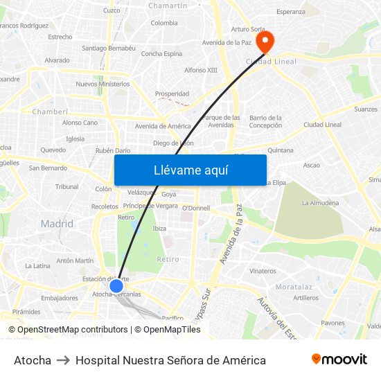 Atocha to Hospital Nuestra Señora de América map