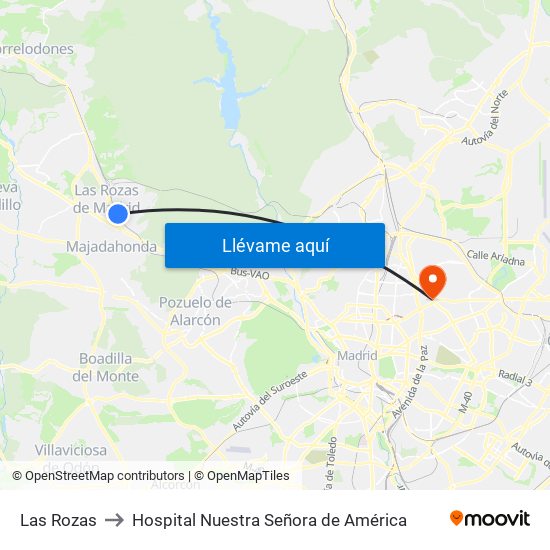 Las Rozas to Hospital Nuestra Señora de América map