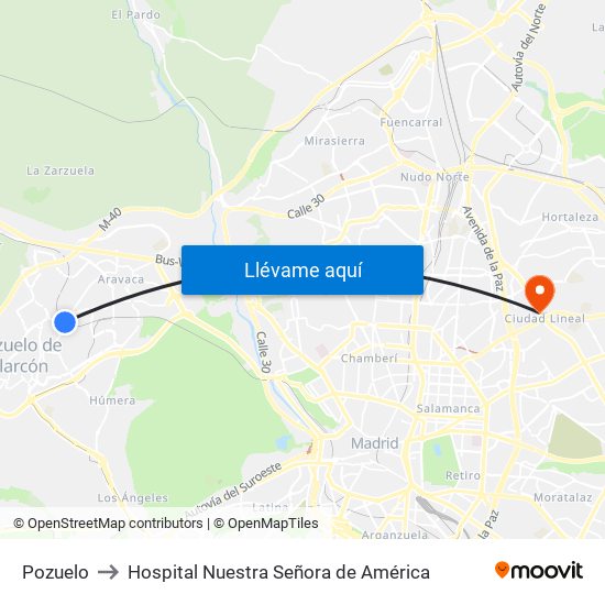 Pozuelo to Hospital Nuestra Señora de América map