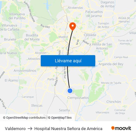 Valdemoro to Hospital Nuestra Señora de América map