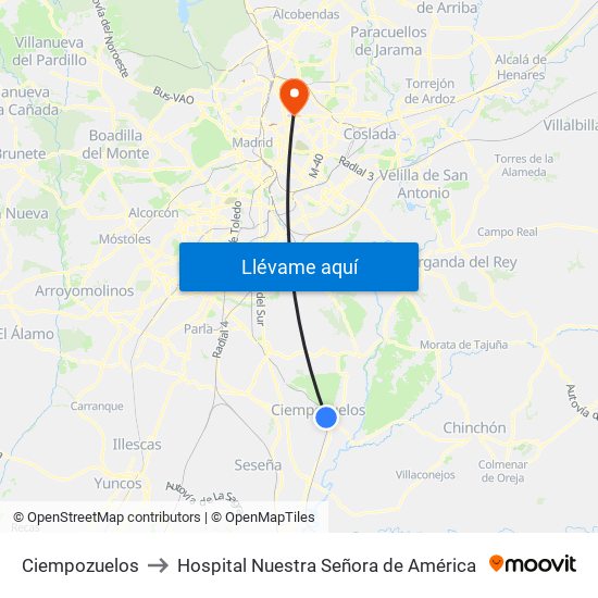 Ciempozuelos to Hospital Nuestra Señora de América map