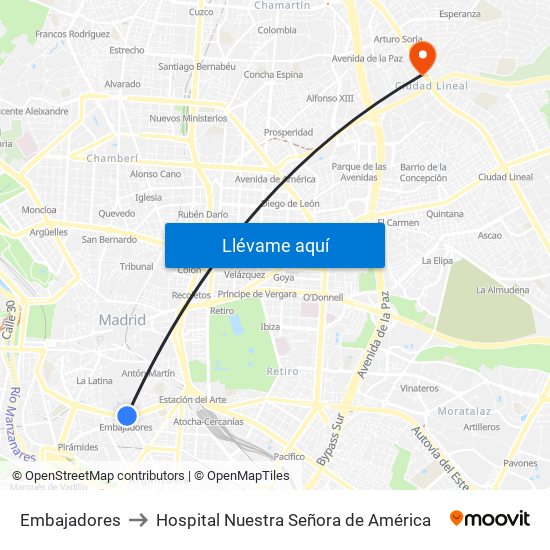 Embajadores to Hospital Nuestra Señora de América map