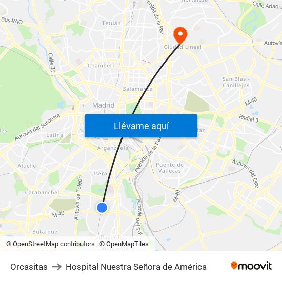 Orcasitas to Hospital Nuestra Señora de América map