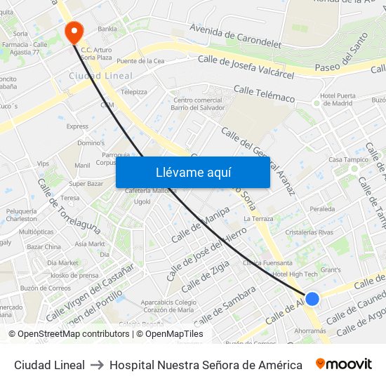Ciudad Lineal to Hospital Nuestra Señora de América map